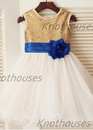 Gold Sequin Ivory Tulle Curly Hem Shimmering Flower Girl Dress